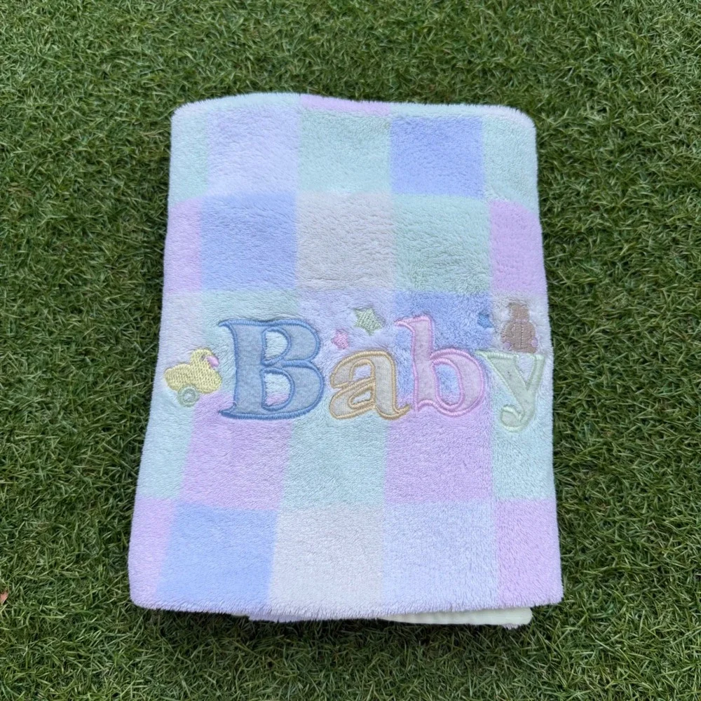 Vintage Y2K Baby Connection Pastel Checkered Fleece Blanket Fuzzy Multicolored